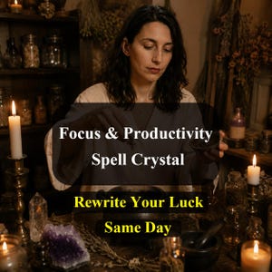 Puede incluir: Una mujer trabaja con cristales y hierbas, con el texto "Focus & Productivity Spell Crystal Rewrite Your Luck Same Day." La escena está tenuemente iluminada con velas y frascos, creando una atmósfera mística.