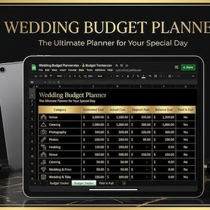 Könnte beinhalten: Ein digitaler Hochzeitsbudgetplaner auf einem Tablet. Der Bildschirm zeigt eine Tabelle mit Kategorien wie Veranstaltungsort, Catering und Fotografie. Der Text "WEDDING BUDGET PLANNER" und "The Ultimate Planner for Your Special Day" sind sichtbar.