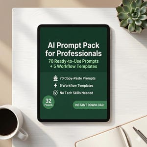 May include: A digital tablet displays "AI Prompt Pack for Professionals" with details on 70 prompts and 5 workflow templates. The tablet is on a white surface, next to a coffee cup, a succulent plant, and a notepad with a pen.