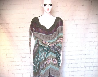 Grecian KESS dress in sheer boho print with vintage button detail.