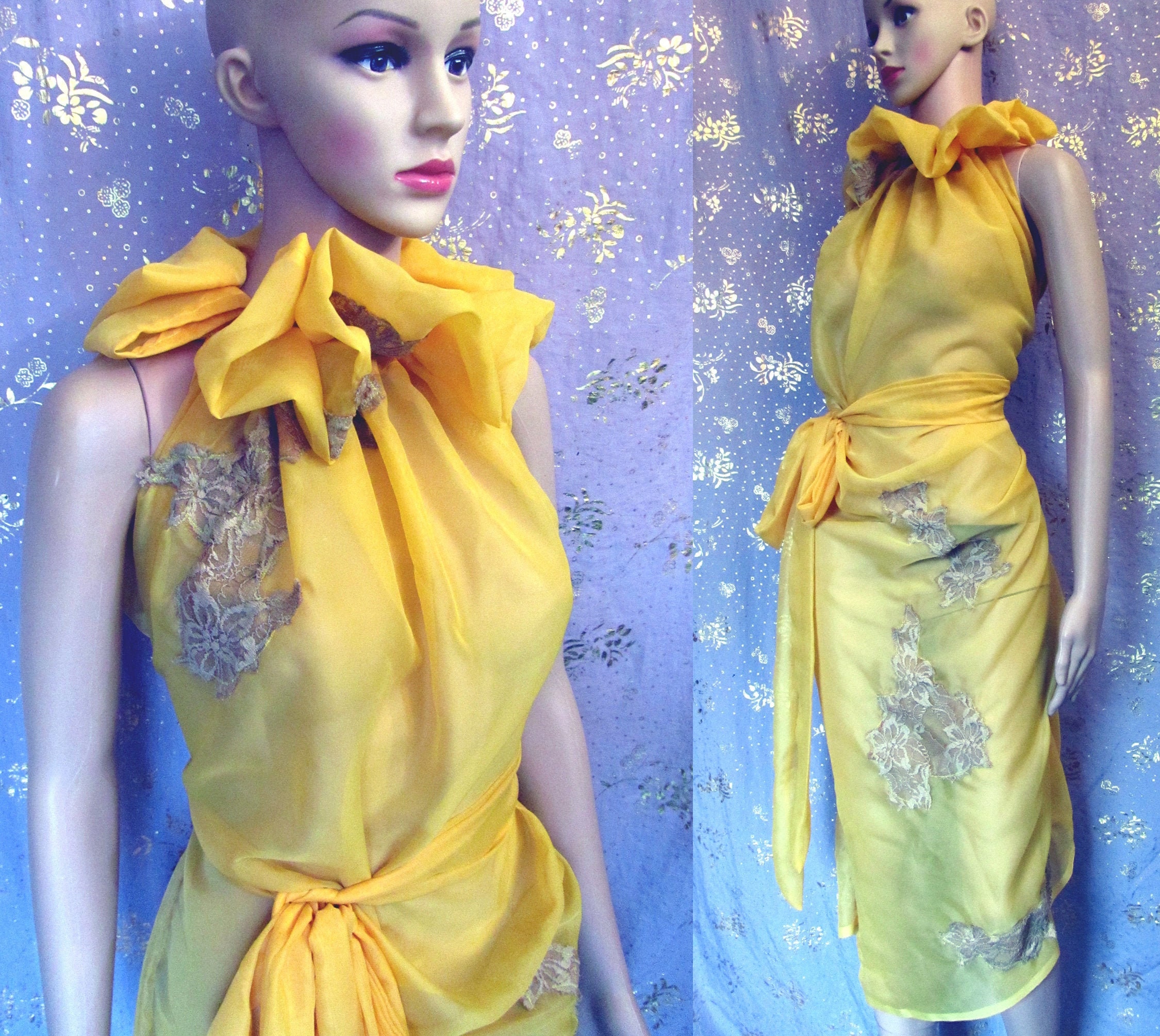 Image of Burbo "Purse' Dress With Lace Applique in Sheer Satin Fabric