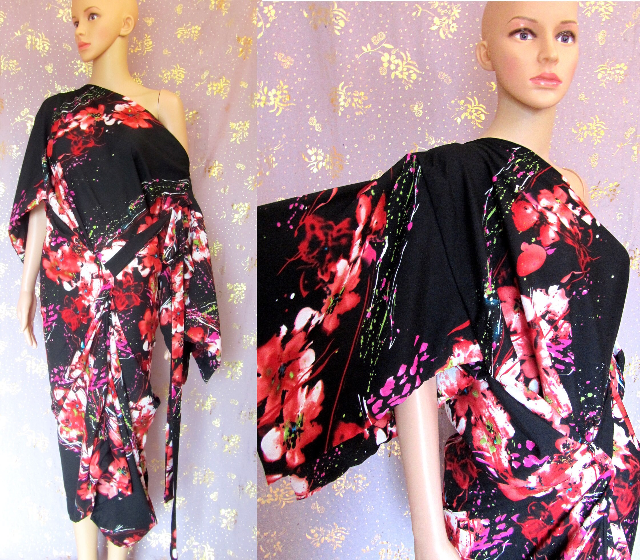Image of Burbo "Broken Mirror Kimono Dress in Floral & Splash Slightly Stretch Crepe