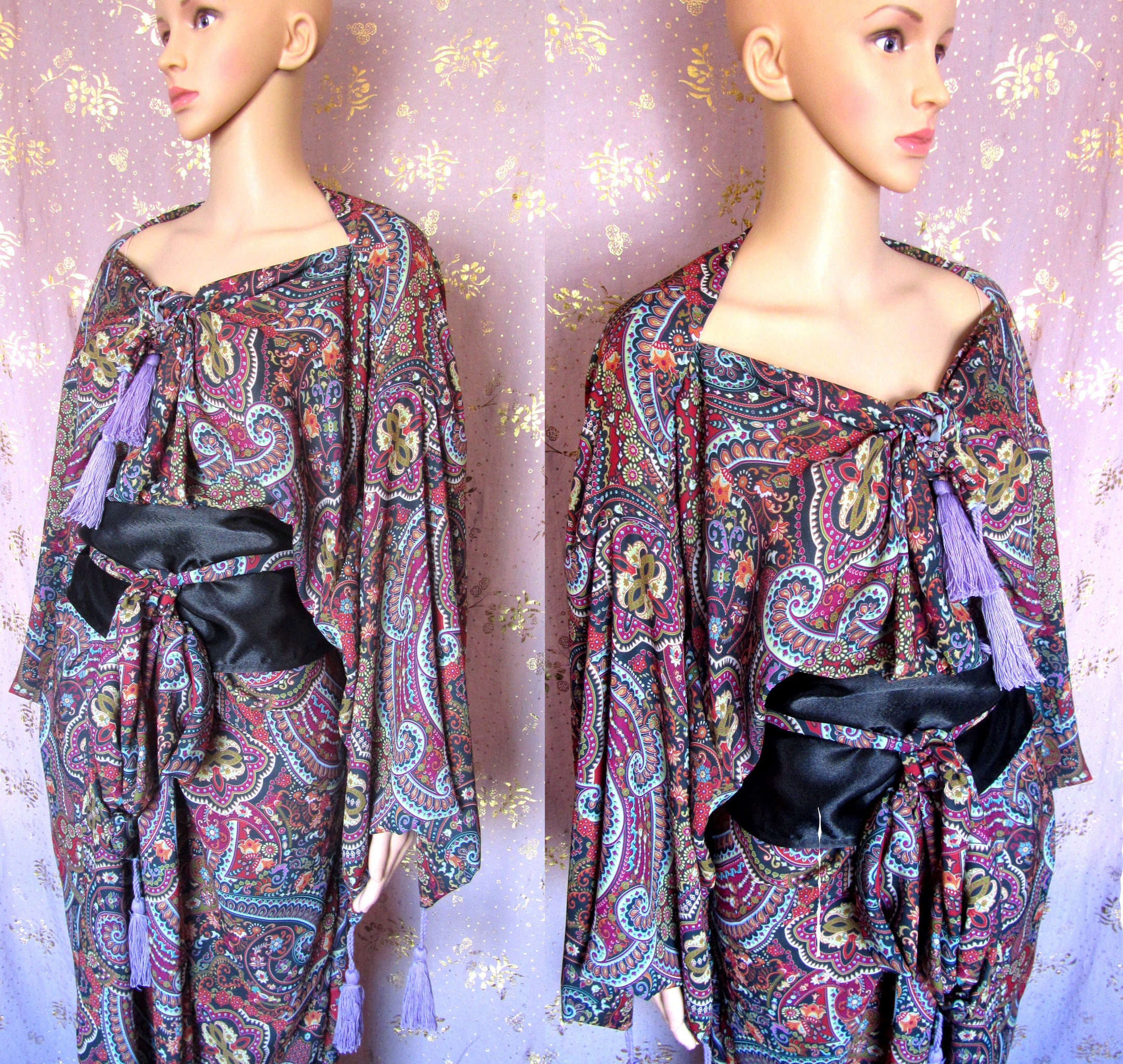 Image of Burbo "Kimono Dress Coat' in Semi Sheer Paisley With Separate Obi Belt