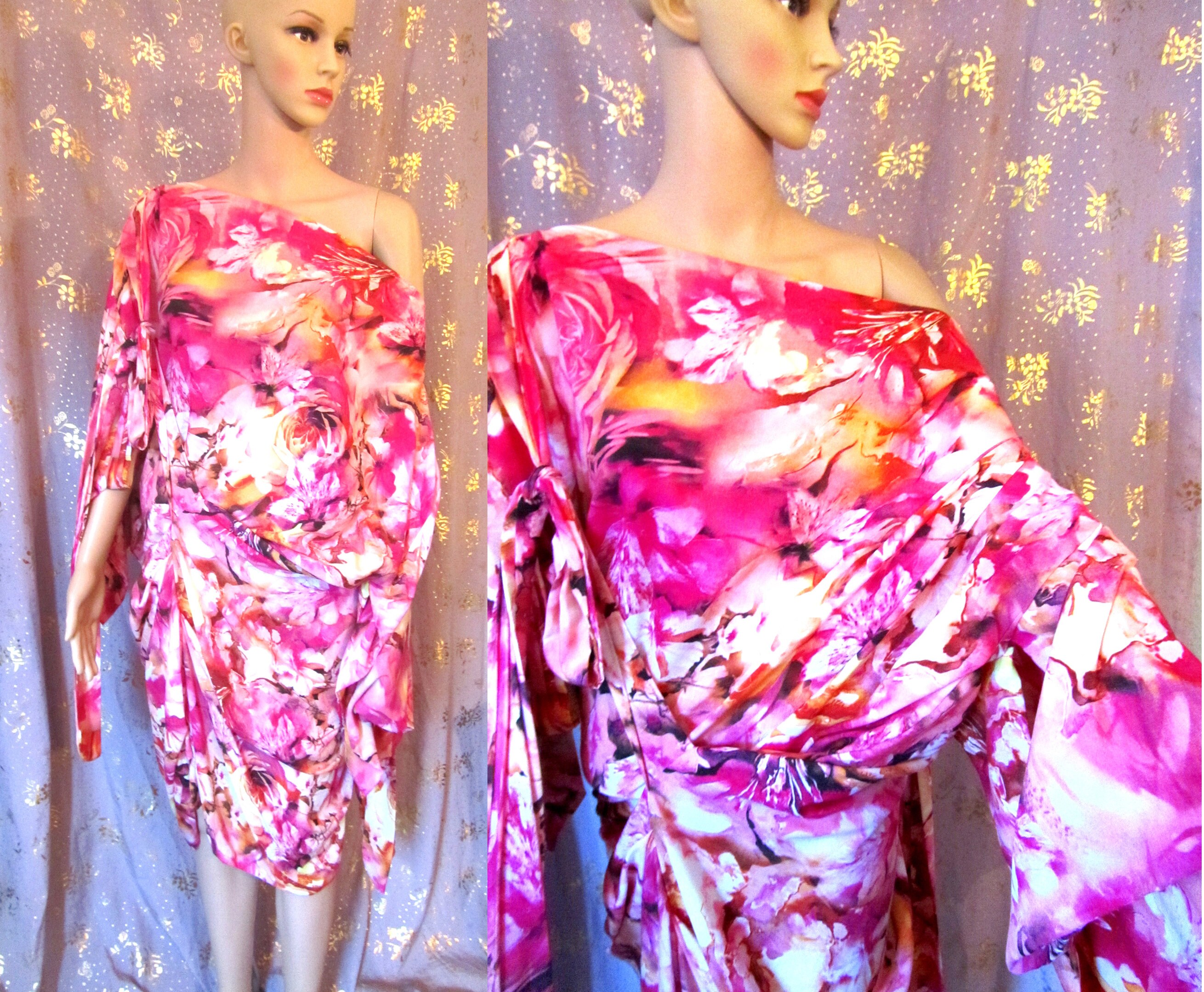 Image of Burbo Deluxe "Kimono Mirror Dress' in Cashmere Cotton, German Laser Print Floral