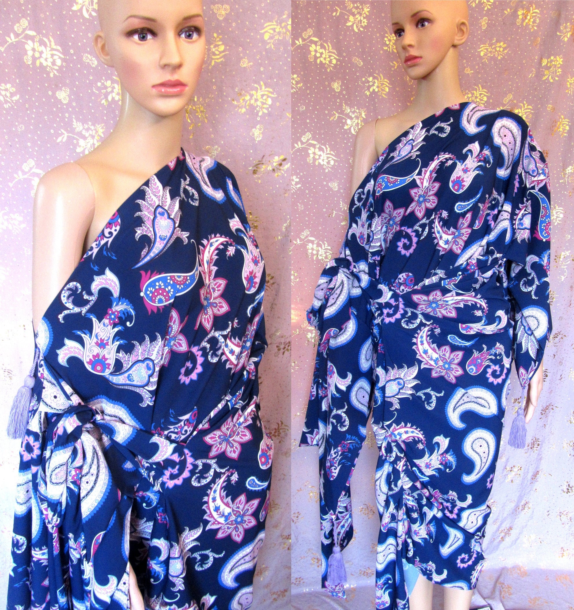 Image of Burbo "Broken Mirror Kimono' Dress in Paisley Crepe With Tassel Detail