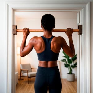 May include: A wooden pull-up bar mounted within a white door frame. The bar features a natural light wood finish with dark brown wooden mounting brackets on each side, positioned horizontally to facilitate upper body strength exercises.