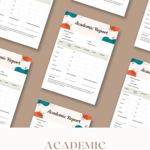 May include: Academic performance report template with a beige background. The report features a header with the text "Academic Report" and decorative teal and orange floral elements. The report includes sections for student information and academic performance.