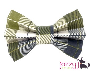 Olive Green & Grey Plaid Dog Bow Tie