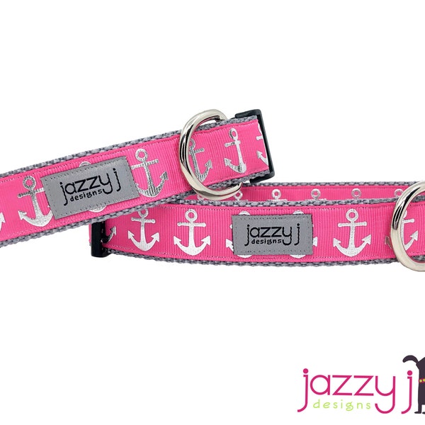 Pink and Silver Anchor Nautical Dog Collar