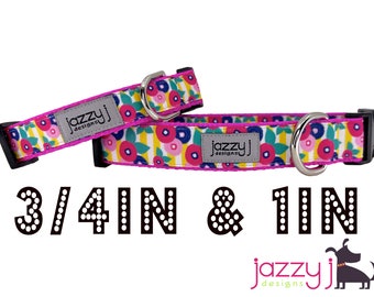 Striped Summer Flowers (Fuchsia) Dog Collar