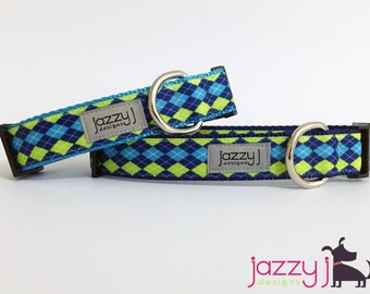 Blue and Lime Green Argyle Plaid Dog Collar