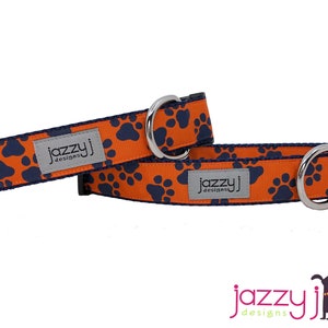 Navy Blue and Orange Paw Print (Auburn Tigers, Chicago Bears) Dog Collar