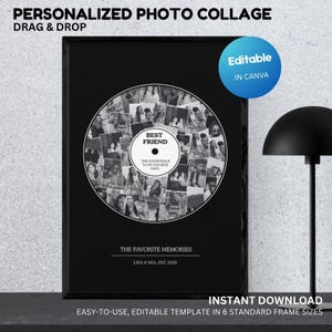 Redigerbar Fotocollage för Bästa Vänner på Vinylskiva – Canva-mall: Personlig Väggkonst för Vänskap (Digital Nedladdning)