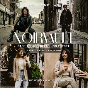 Peut inclure: Image promotionnelle pour un preset de mode esthétique sombre. L'image présente quatre panneaux avec des modèles dans des environnements urbains. Le texte "NOIRVAULT" est affiché, ainsi que "DARK AESTHETIC FASHION PRESET".