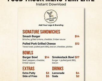 Food Truck Menu Canva Template Editable Restaurant BBQ Burger Digital Board Printable Design