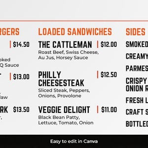 May include: A restaurant menu with the word "EMBER" at the top. The menu is divided into Featured Burgers, Loaded Sandwiches, and Sides & Drinks. The menu items include burgers, sandwiches, sides, and drinks.