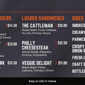May include: A restaurant menu titled "EMBER" with sections for burgers, sandwiches, sides, and drinks. The menu features items like the Smokehouse Burger, Philly Cheesesteak, and fresh lemonade, all listed with prices.