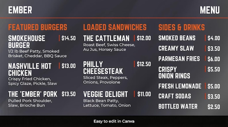 May include: A restaurant menu titled "EMBER" with sections for burgers, sandwiches, sides, and drinks. The menu features items like the Smokehouse Burger, Philly Cheesesteak, and fresh lemonade, all listed with prices.