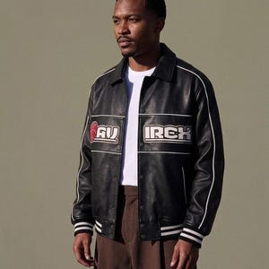 Black Leather Varsity Jacket – Retro Streetwear Graphic Patch Bomber Coat