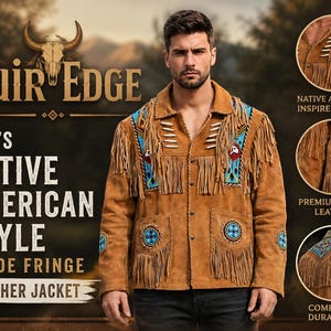 Men's Native American Style Suede Fringe Leather Jacket - Handcrafted Western Cowboy Coat.