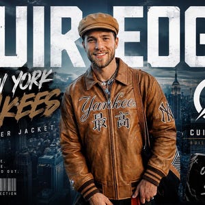 Può includere: Una giacca in pelle marrone con il logo dei New York Yankees, la parola Yankees in corsivo e caratteri giapponesi sul petto. La giacca presenta una chiusura a zip, polsini a coste e un colletto. Testo CUIR EDGE e NEW YORK YANKEES visibile.