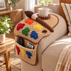 Puede incluir: Un organizador de reposabrazos de sofá de ganchillo beige con forma de paleta de artista y un pincel de ganchillo a juego. Presenta manchas de hilo de colores rojo, naranja, amarillo, verde y azul, un portavasos circular y un bolsillo con mando.