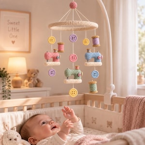 Crochet Sewing Machine Crib Mobile: Yarn Buttons, Thread Spools (9" Diameter)