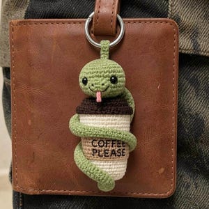 Caffeinated Serpent Bag Charm, Miniature Reptile Coffee Cup Accessory, Funny Ball Python Trinket, Amigurumi Desk Companion