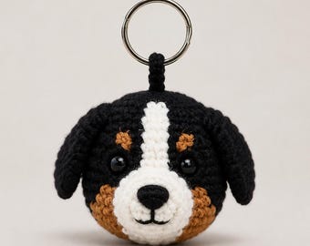 Bernese Mountain Dog Amigurumi Charm, Realistic Tri-Color Canine Bag Accessory, Stuffed Puppy Key Ring for Dog Lovers