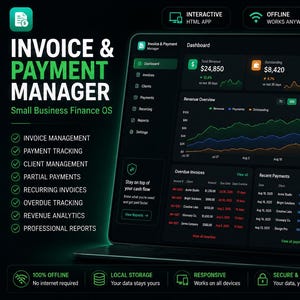 Pode incluir: Uma interface de painel digital intitulada Invoice & Payment Manager para finanças de pequenas empresas. A tela de tema escuro exibe análises de receita, um gráfico de pizza de status de fatura e listas de pagamentos recentes.
