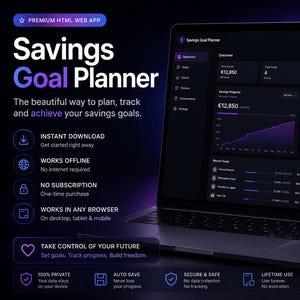 Może przedstawiać: Interfejs aplikacji internetowej Savings Goal Planner wyświetlony na ekranie laptopa i smartfona. Ciemny pulpit nawigacyjny zawiera fioletowe akcenty, wykresy i dane finansowe. Tekst obejmuje Savings Goal Planner, Premium HTML Web App i Premium Quality.