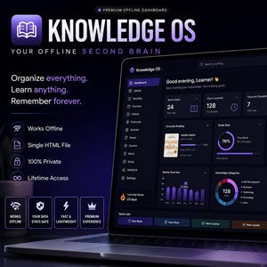 Puede incluir: Un ordenador portátil que muestra el panel de control de Knowledge OS, una interfaz de tema oscuro con acentos morados. La pantalla presenta varios widgets para realizar un seguimiento de libros, horas de aprendizaje y categorías de conocimiento.