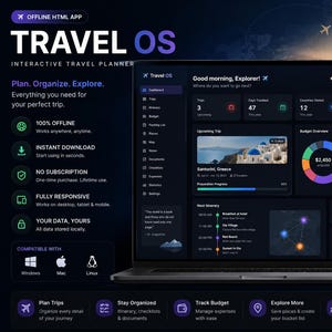 May include: A dark-themed digital travel planner interface displayed on a laptop screen. The dashboard features a trip overview, budget pie chart, itinerary, and packing progress. Text includes Travel OS, Plan. Organize. Explore., and 100% Offline.