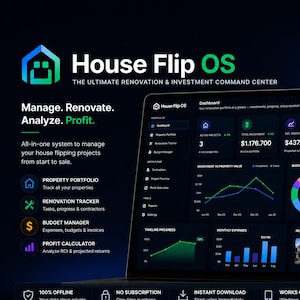 May include: A laptop screen displaying the House Flip OS dashboard, a digital system for managing real estate renovation projects. The interface features dark mode with charts, property data, financial metrics, and project tracking tools.