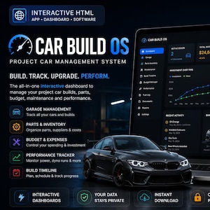 May include: A dark-themed Car Build OS project management software dashboard displayed on a laptop screen, featuring interactive charts, budget tracking, and performance metrics alongside a black sports car graphic and text overlays.