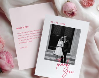 Verspielte, handgeschriebene Foto-Dankeskarte zur Hochzeit, farbenfrohe und einzigartige Dankeskarten, moderne und originelle Hochzeit | Bearbeitbare Canva-Vorlage | WED04