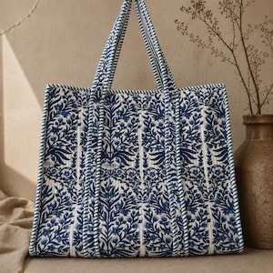 Blue Floral Quilted Cotton Tote Bag | Chinoiserie Block Print Shoulder Bag