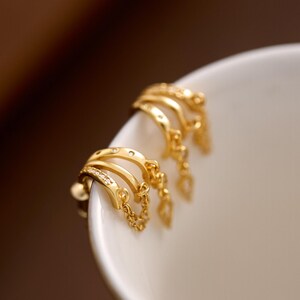 Gold Triple Row Huggie Earrings – Dainty Multi Strand Tassel Hoops