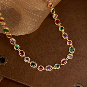 Multi Color Gemstone Choker Necklace — Gold Bezel Set Oval Strand