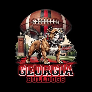 May include: A digital illustration featuring a bulldog wearing a spiked collar, standing in front of a football and a stadium. The text "GEORGIA BULLDOGS" is displayed in red and black.