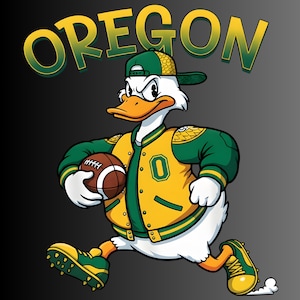 May include: A cartoon duck in a green and yellow jacket and hat, holding a football. The word "OREGON" is arched above the duck in yellow and green. The duck is wearing green and yellow cleats, with a black and grey background.