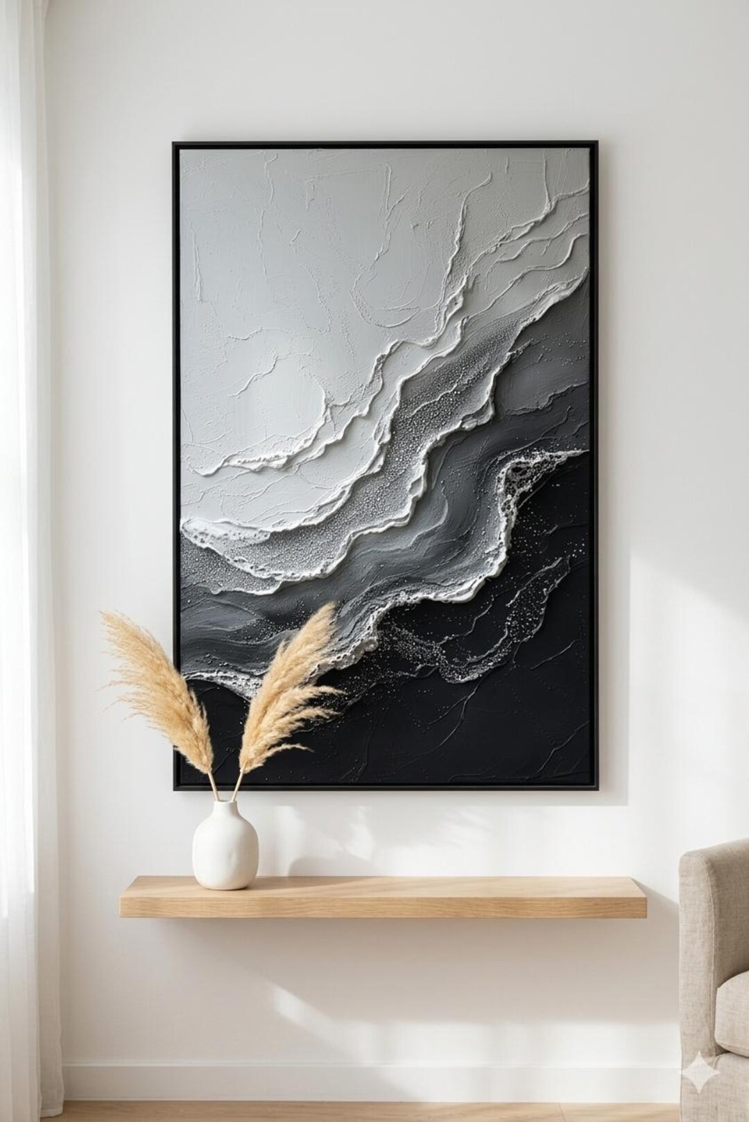 Textured Black White Abstract Painting • 3D Minimalist Canvas Wall Art ...