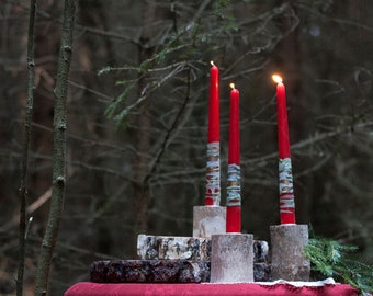 Red Green Gold Taper Candles - Christmas Decoration, Table Centerpiece