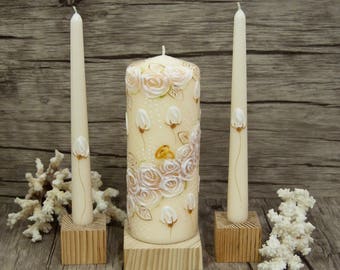 Rustic Unity Candle Set, Handpainted Beige Candles With White Roses and Wedding Rings, Wedding Ceremony Candle Set