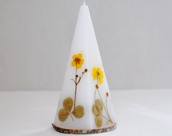 Pyramid Candle With Real Pressed Flowers. Yellow Dried Flowers Decor. Gift for Nature Lover. Hygge Home Decor.