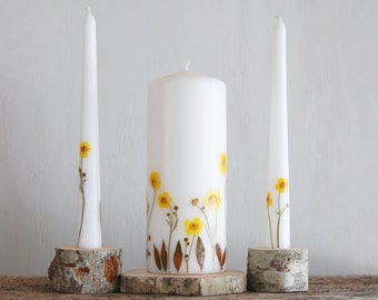 Unity Candle Set with Dried Yellow Flowers, Wedding Ceremony Candle Set of 3 Decorated With Yellow Real Pressed Flowers