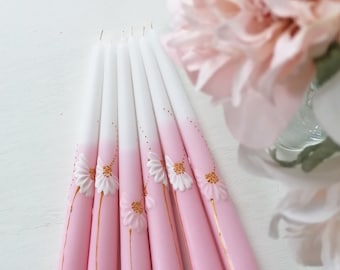 Hand Painted Dinner Candles With Daisy In Pink, Birthday Party Decor, Pastel Pink Wedding Candles, Sweet Daisy Home Decor