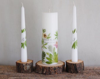 Set candele Greenery Unity con nomi e iniziali, decorato con veri fiori pressati, candele nuziali estive personalizzate