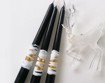 Decorated Black Dinner Candles with Gold and White, Wedding Table Decoration, Black Taper Candles