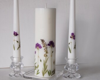 Unity Candle Set with Violet Pressed Flowers, Wedding Ceremony Candles with Real Dried Purple Flowers, Personalized Unity Candle Set